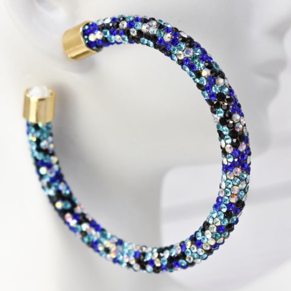 2.5" Blue Tones Pave Wrap Rhinestone Hoop Earrings - Picture 1 of 6